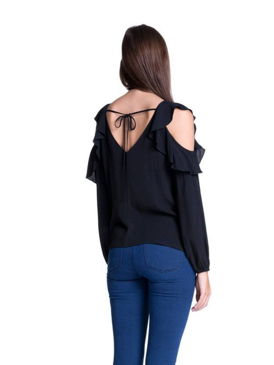 BLUSA TOP MUJER HOMBROS DESCUBIERTOS CON VOLANTES NEGRO - 2