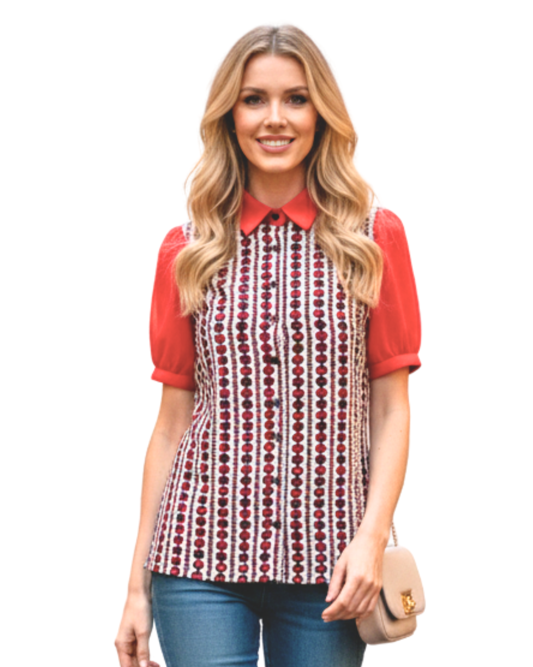 BLUSA CUELLO CAMISERO CON ESTAMPADO MUJER - BLANCO Y ROJO - 1