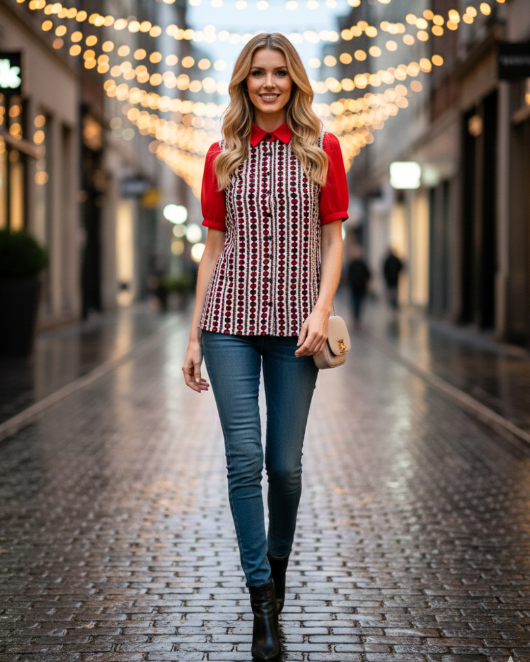 BLUSA CUELLO CAMISERO CON ESTAMPADO MUJER - BLANCO Y ROJO - 2