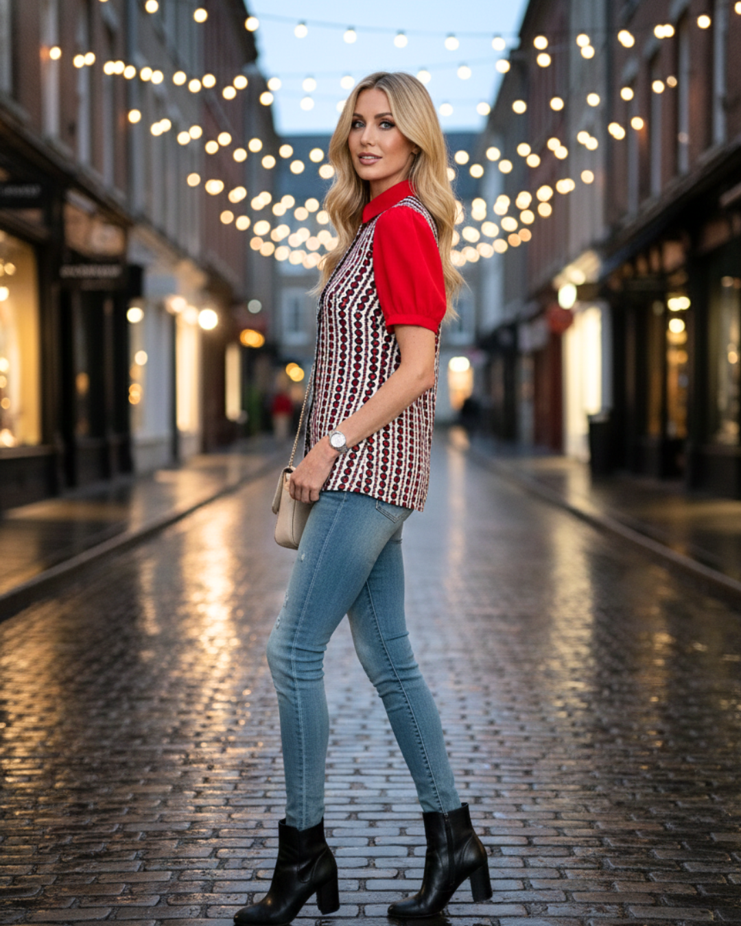 BLUSA CUELLO CAMISERO CON ESTAMPADO MUJER - BLANCO Y ROJO - 3