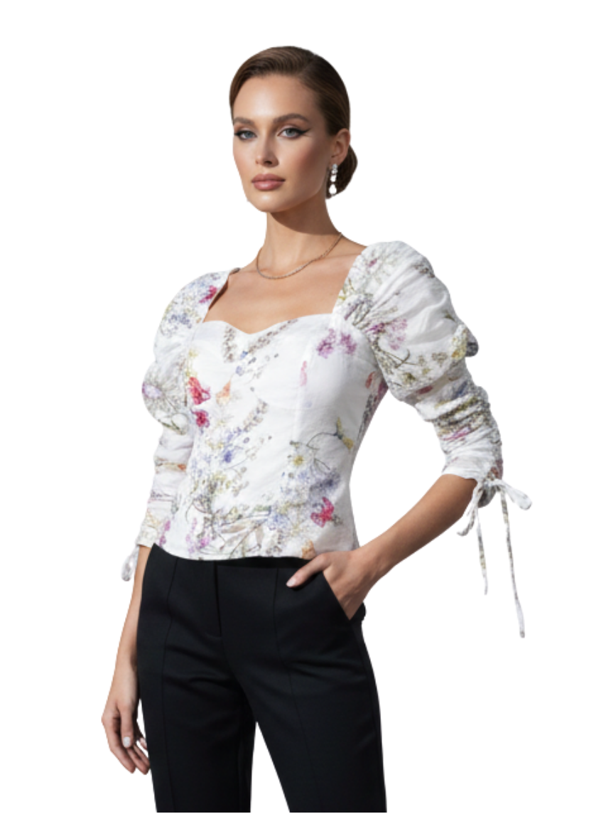 BLUSA TOP BLANCO MUJER DISEÑO FLORAL CON MANGA 3/4 FRUNCIDA AJUSTABLE - 1