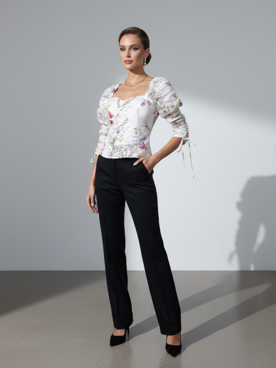 BLUSA TOP BLANCO MUJER DISEÑO FLORAL CON MANGA 3/4 FRUNCIDA AJUSTABLE - 2