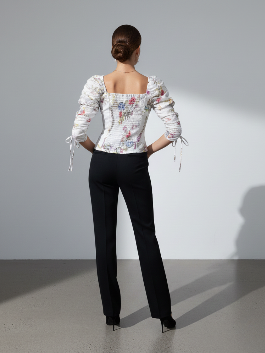 BLUSA TOP BLANCO MUJER DISEÑO FLORAL CON MANGA 3/4 FRUNCIDA AJUSTABLE - 3
