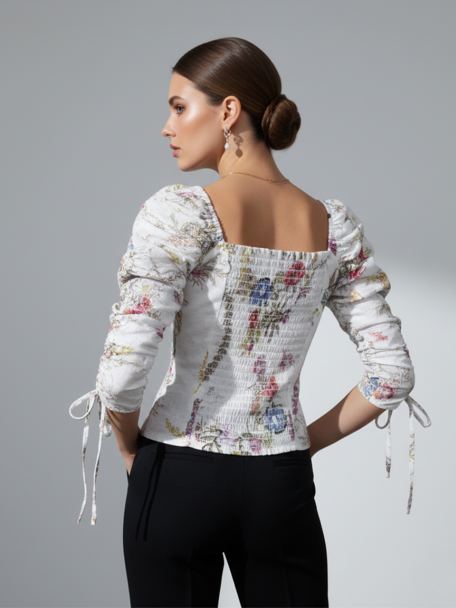 BLUSA TOP BLANCO MUJER DISEÑO FLORAL CON MANGA 3/4 FRUNCIDA AJUSTABLE - 4