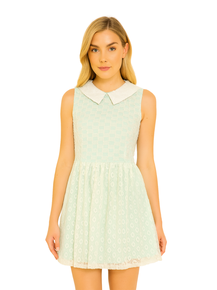 VESTIDO MINI CORTO CELESTE CON TEXTURA Y CUELLO BEBE - 1