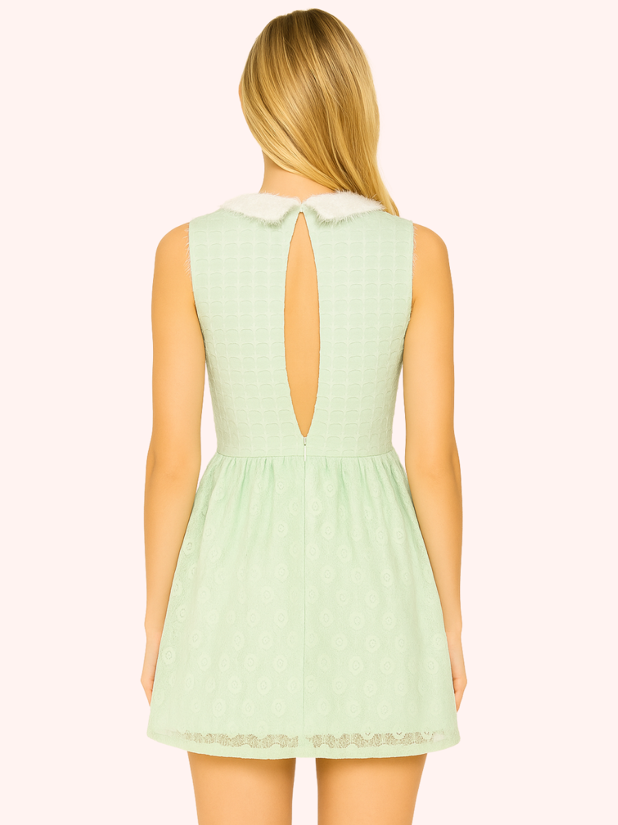 VESTIDO MINI CORTO CELESTE CON TEXTURA Y CUELLO BEBE - 3