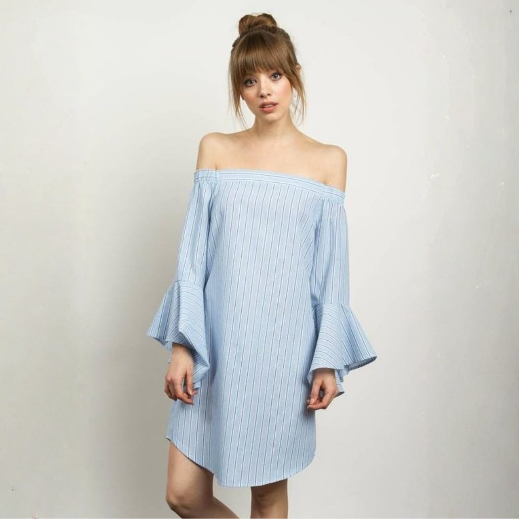VESTIDO BLUSA MUJER CELESTE Y HOMBROS CAIDOS CON MANGA CAMPANA - 1