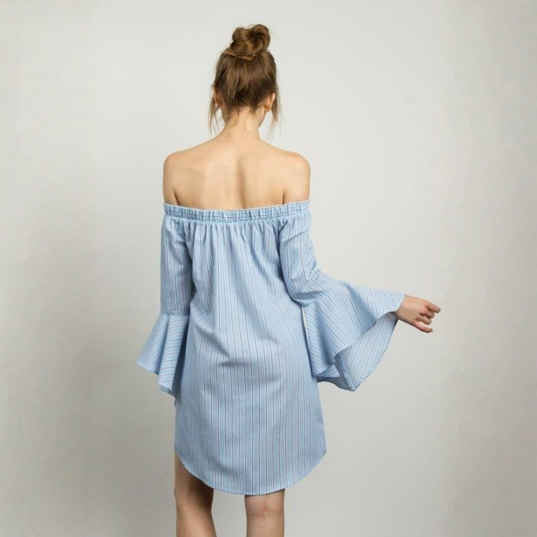VESTIDO BLUSA MUJER CELESTE Y HOMBROS CAIDOS CON MANGA CAMPANA - 3