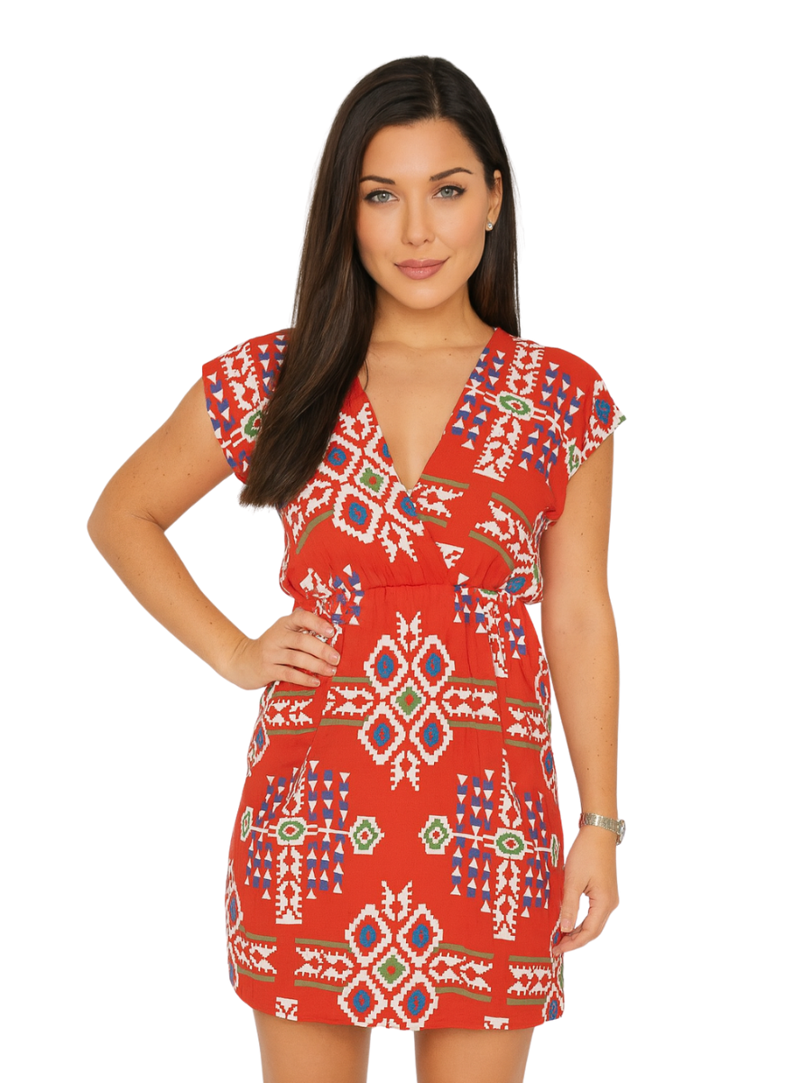 VESTIDO CORTO ROJO  CUELLO V CON ESTAMPADO - 1