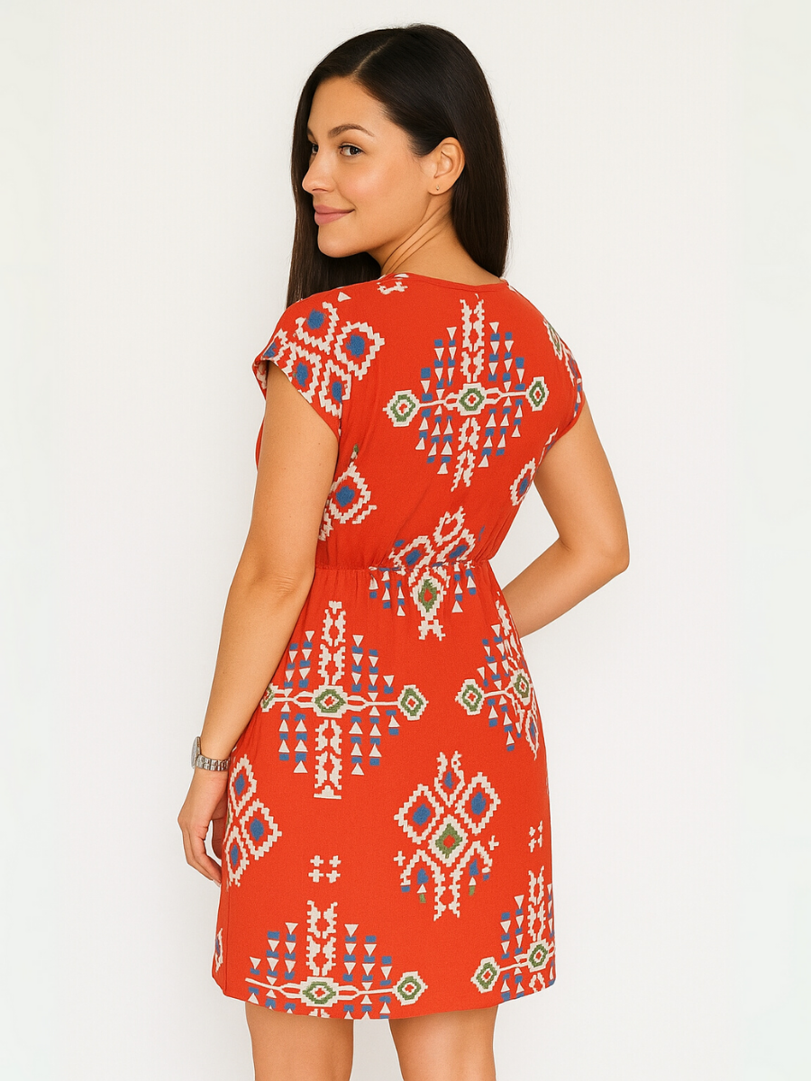 VESTIDO CORTO ROJO  CUELLO V CON ESTAMPADO - 2