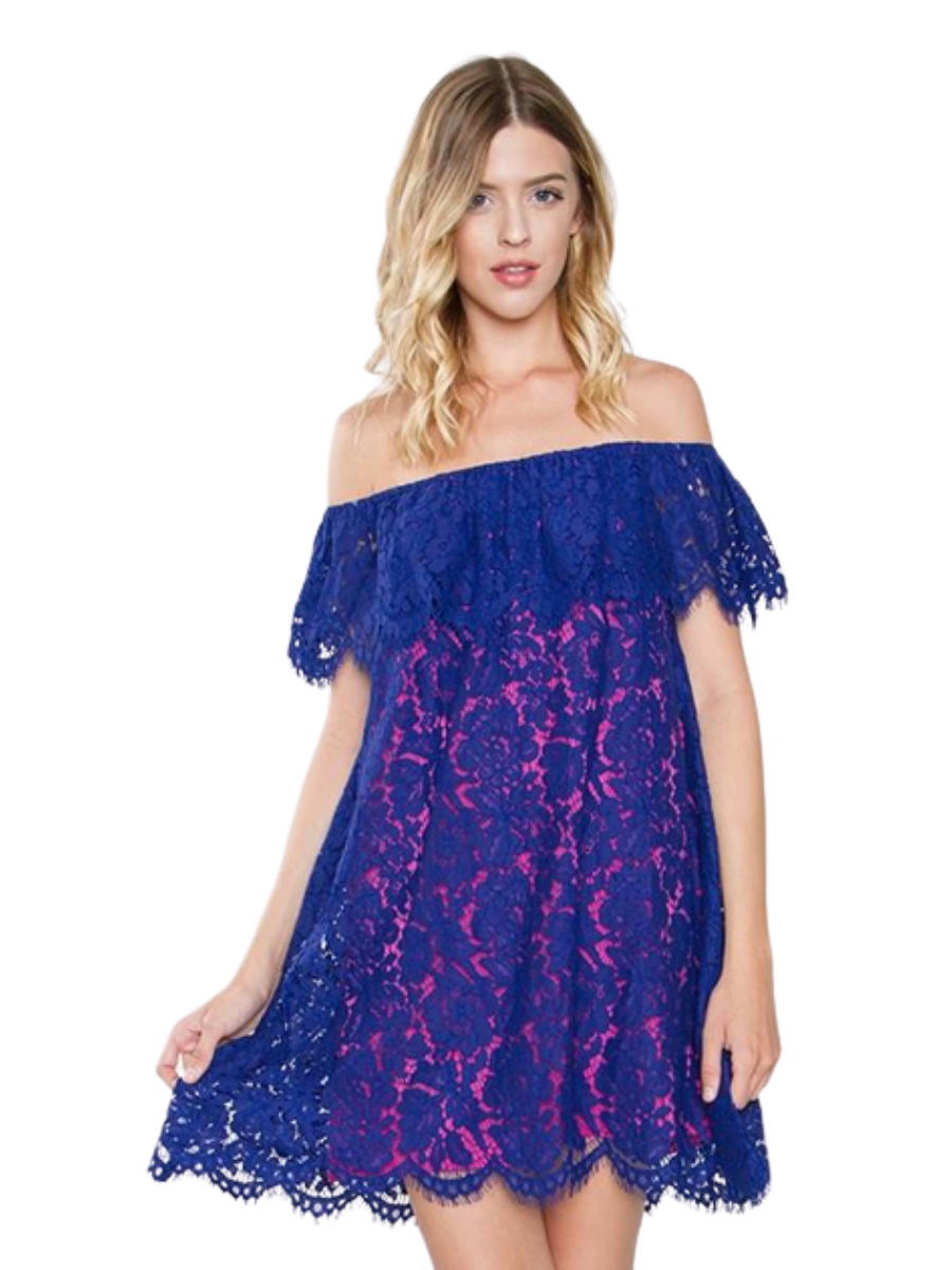 VESTIDO MUJER CORTO MINI AZUL ELECTRICO DE ENCAJE CON HOMBROS CAIDOS - 1