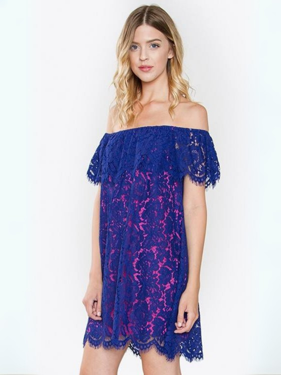 VESTIDO MUJER CORTO MINI AZUL ELECTRICO DE ENCAJE CON HOMBROS CAIDOS - 2