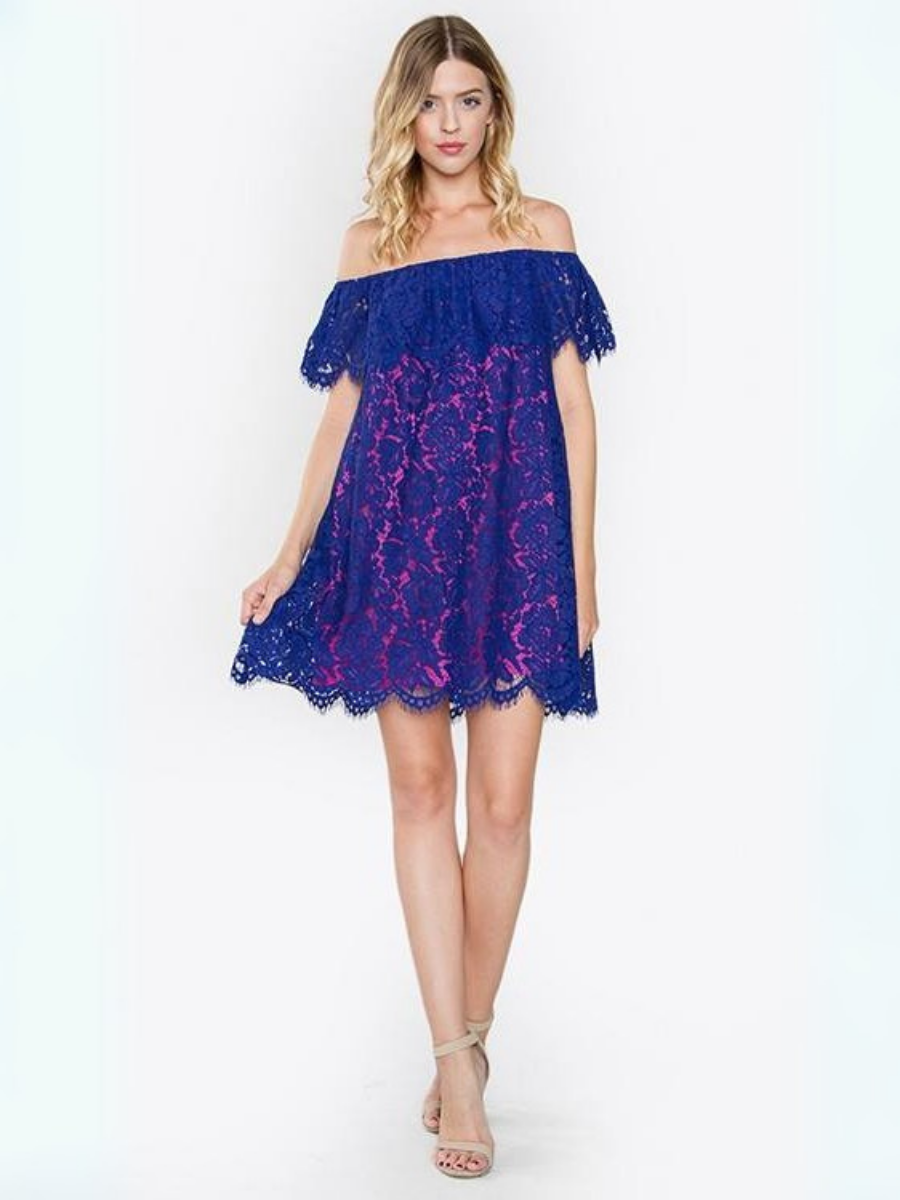 VESTIDO MUJER CORTO MINI AZUL ELECTRICO DE ENCAJE CON HOMBROS CAIDOS - 3