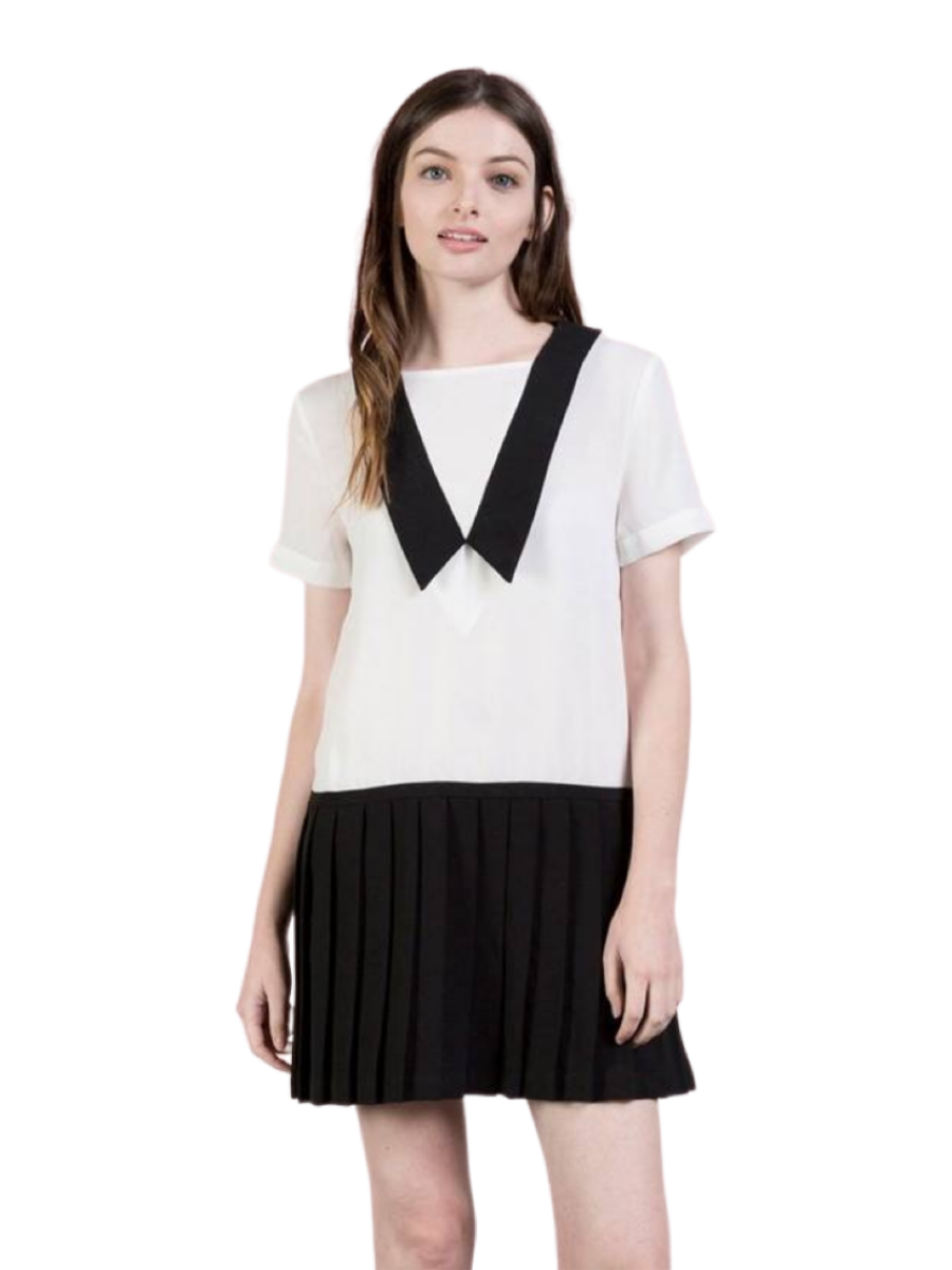 VESTIDO CORTO BLANCO Y FALDA TABLEADA NEGRA - 1