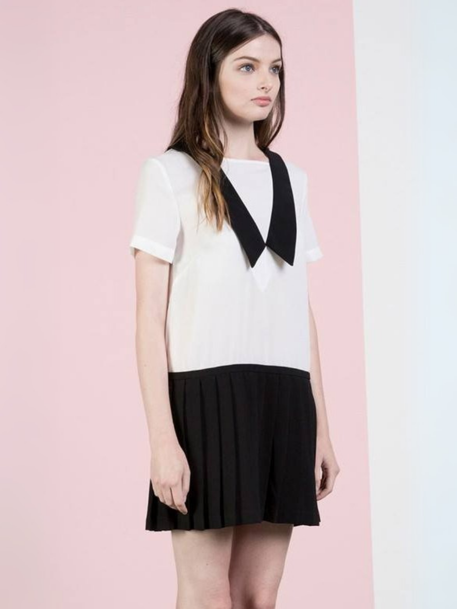 VESTIDO CORTO BLANCO Y FALDA TABLEADA NEGRA - 2