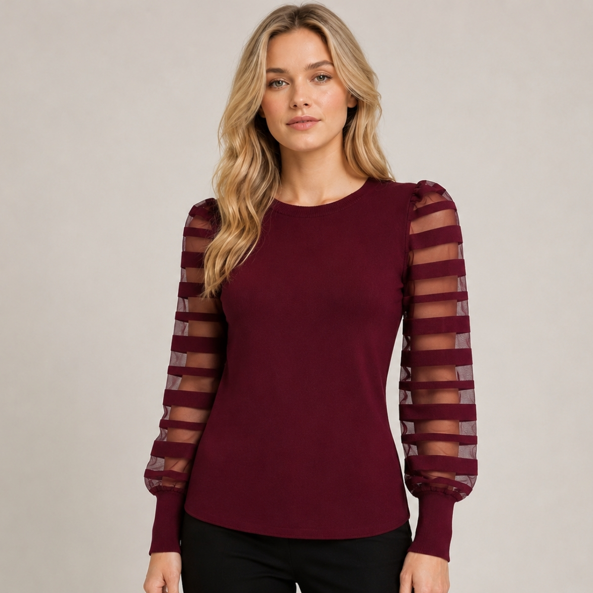 CHOMPA/BLUSA GUINDA MUJER CUELLO REDONDO Y MANGAS CON DISEÑO DE FRANJAS - 1