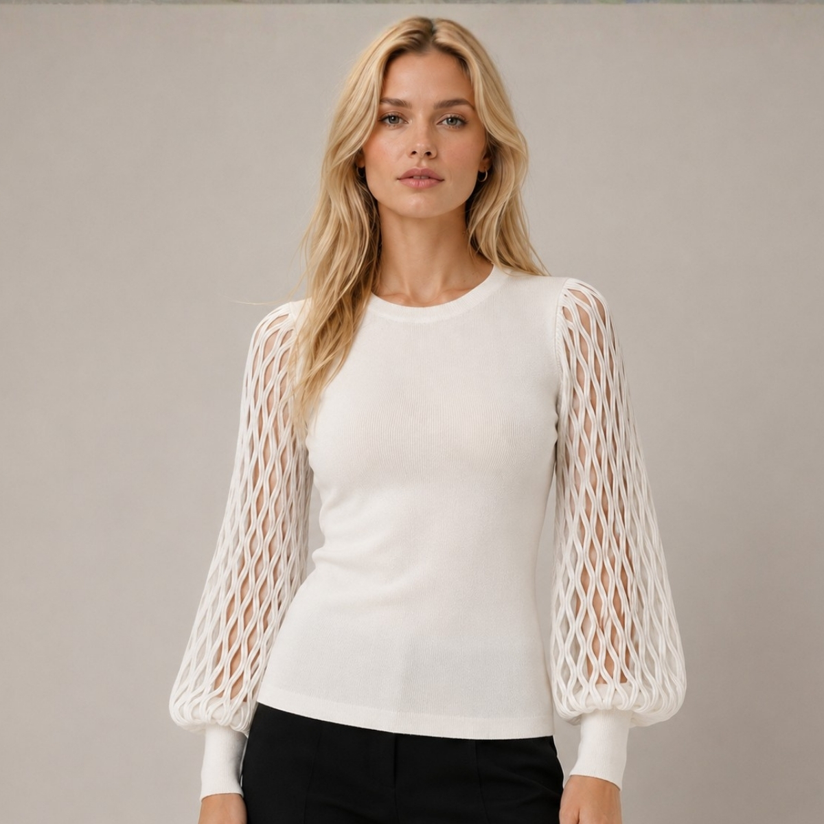 CHOMPA/BLUSA BLANCO MUJER CUELLO REDONDO Y MANGAS CON DISEÑO DE ROMBOS - 1