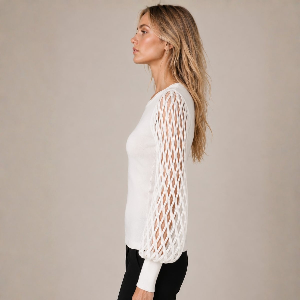 CHOMPA/BLUSA BLANCO MUJER CUELLO REDONDO Y MANGAS CON DISEÑO DE ROMBOS - 2