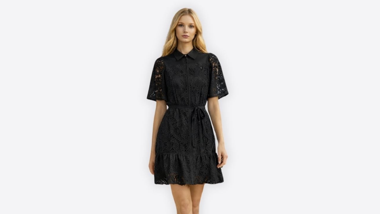 VESTIDO MUJER CORTO MINI NEGRO DE ENCAJE CON BOTONES MANGA CAMPANA - 1