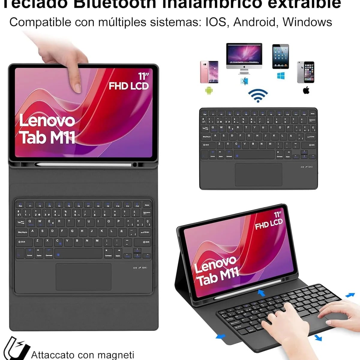 FUNDA CON TECLADO BLUETOOTH TOUCHPAD PARA LENOVO M11 / K11 - AZUL - 2