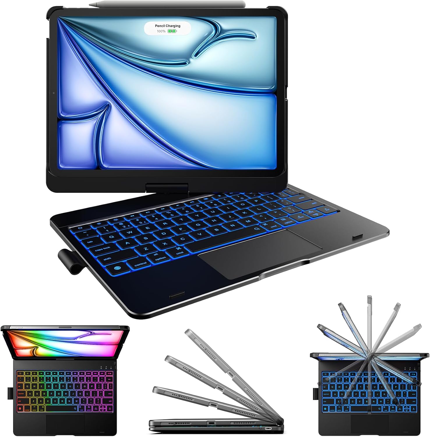 FUNDA CON TECLADO RGB BLUETOOTH ROTATIVO 360° PARA IPAD AIR 11 M4 M3 M2 - NEGRO - 1