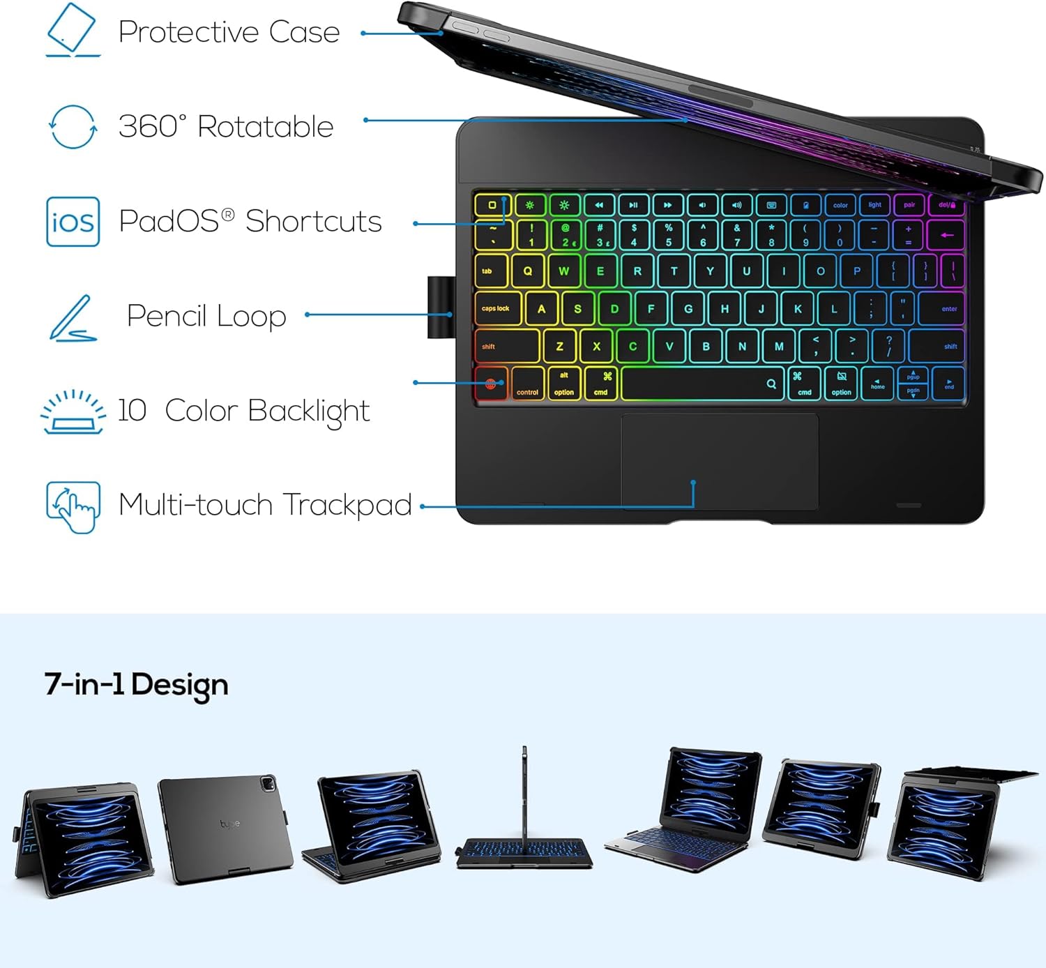 FUNDA CON TECLADO RGB BLUETOOTH ROTATIVO 360° PARA IPAD AIR 11 M4 M3 M2 - NEGRO - 2