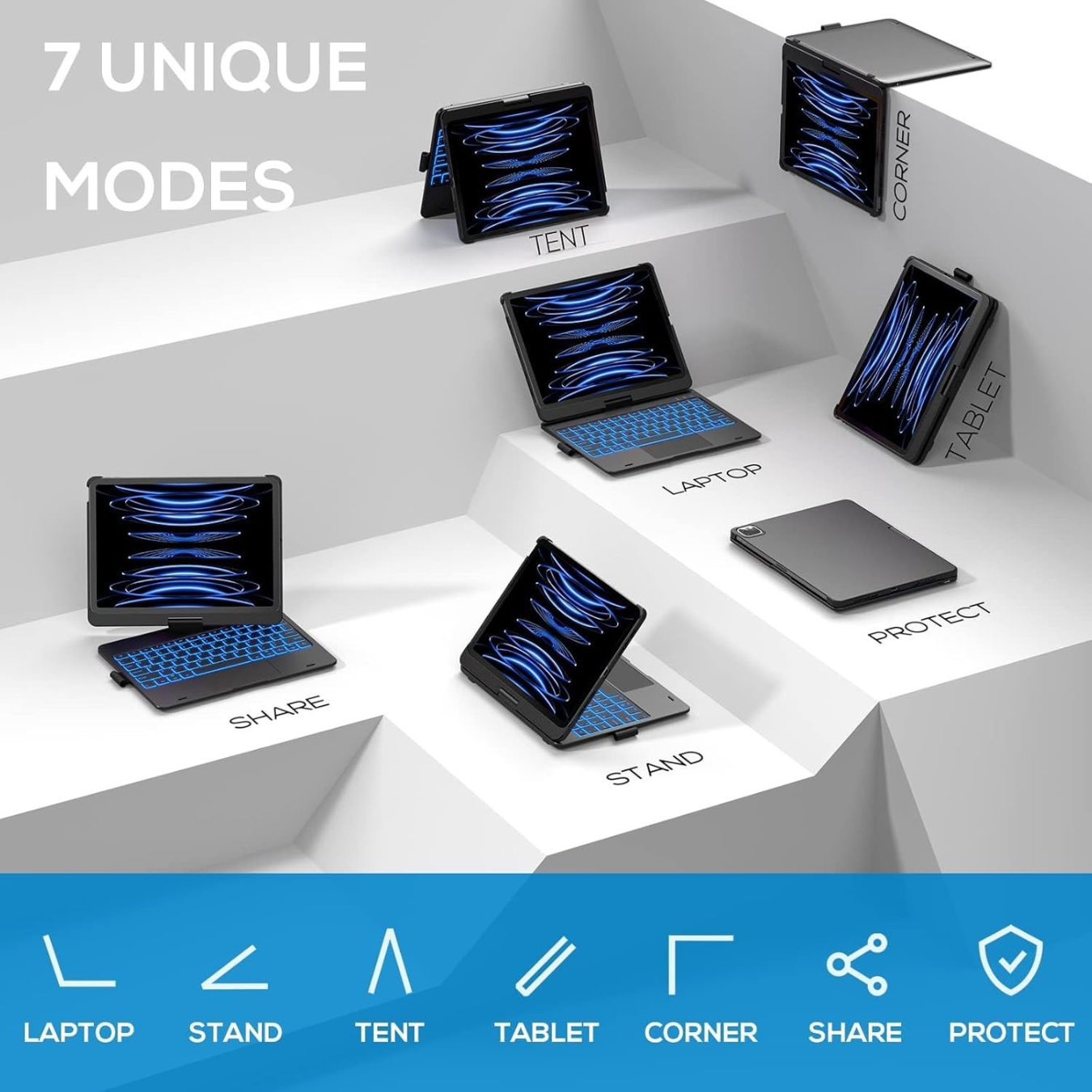 FUNDA CON TECLADO RGB BLUETOOTH ROTATIVO 360° PARA IPAD AIR 11 M4 M3 M2 - NEGRO - 3