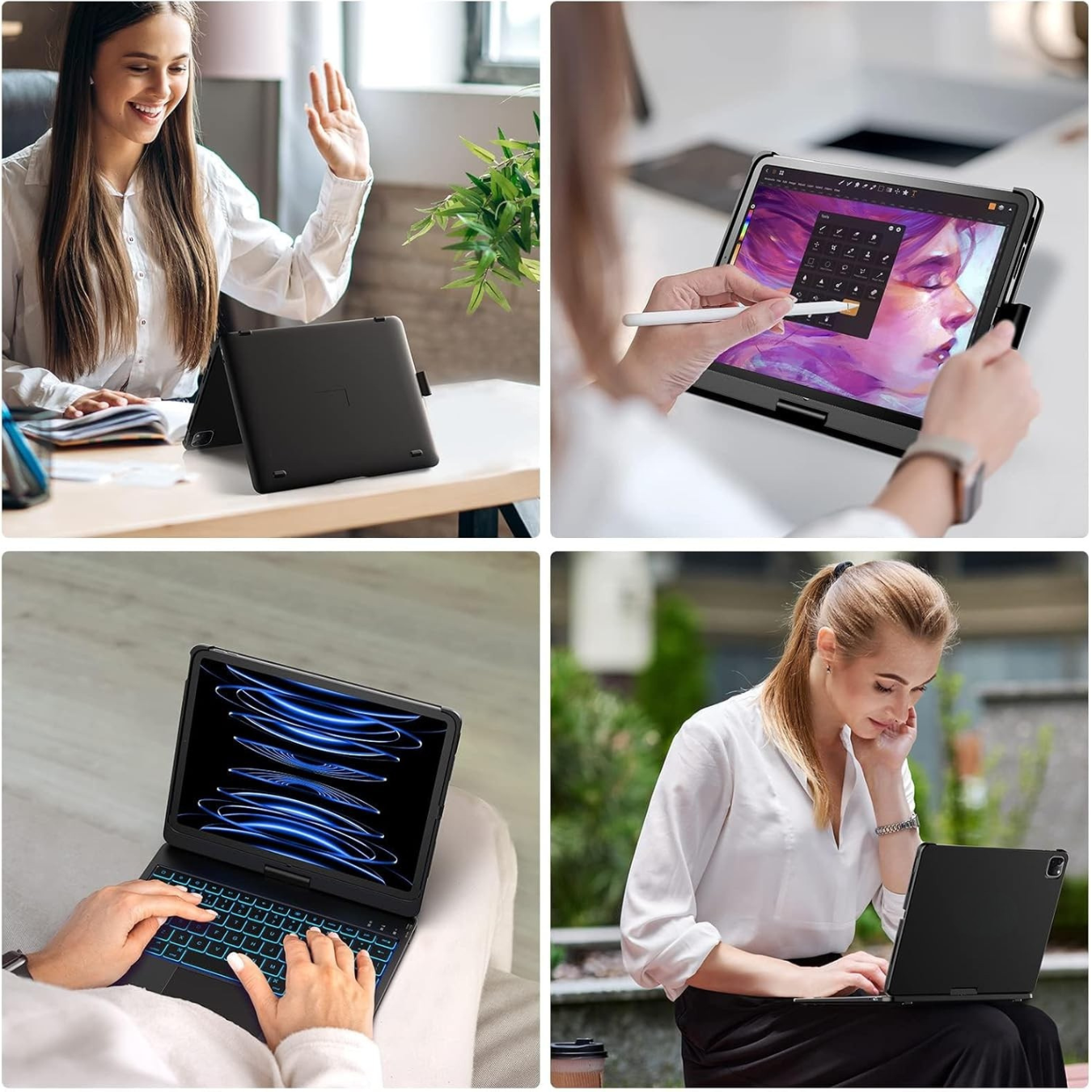 FUNDA CON TECLADO RGB BLUETOOTH ROTATIVO 360° PARA IPAD AIR 11 M4 M3 M2 - NEGRO - 4