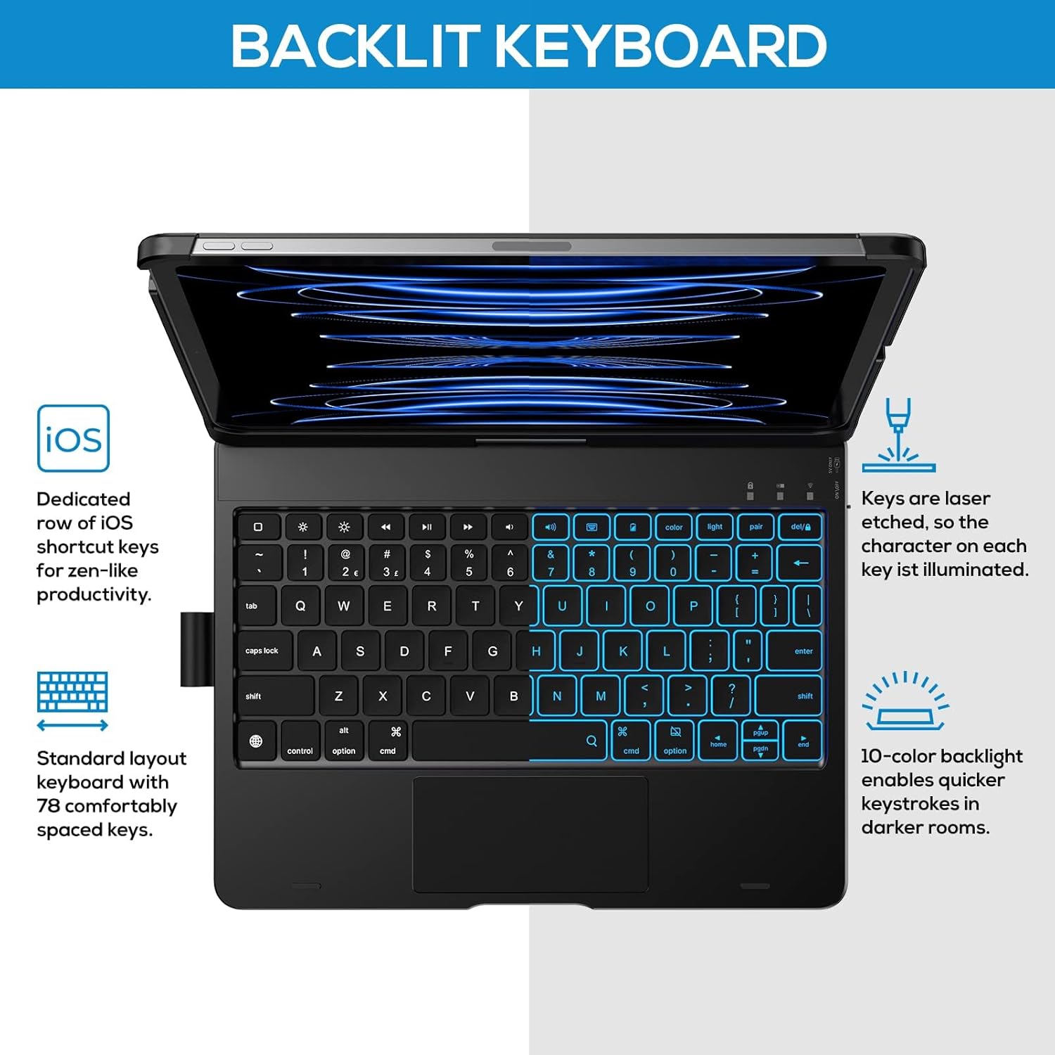 FUNDA CON TECLADO RGB BLUETOOTH ROTATIVO 360° PARA IPAD AIR 11 M4 M3 M2 - NEGRO - 6