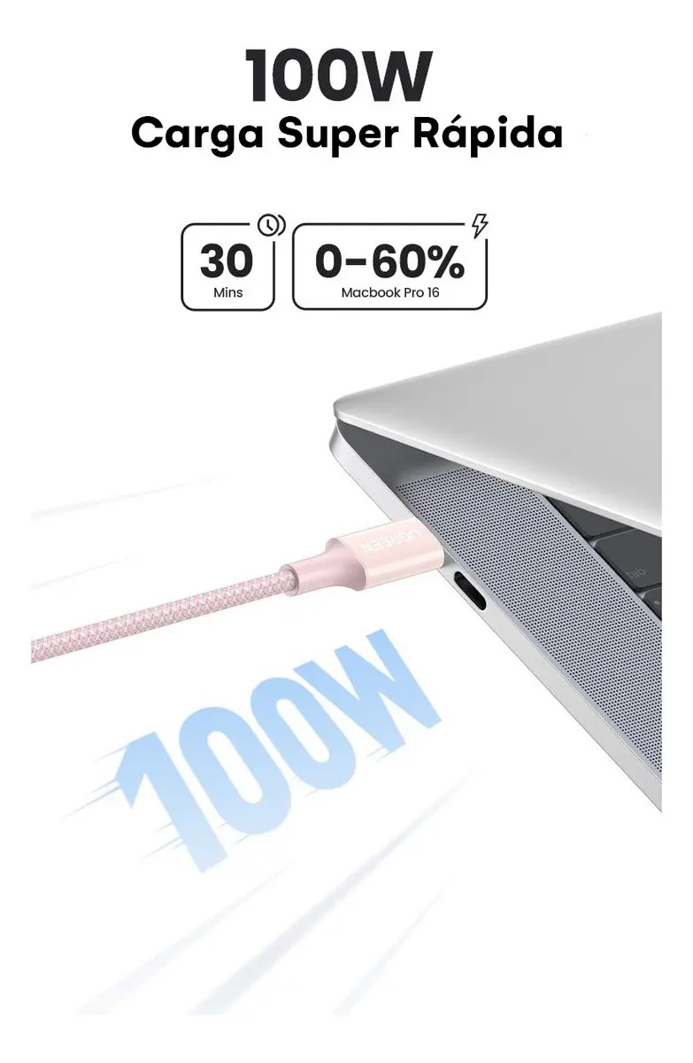 UGREEN CABLE CARGA RÁPIDA 2M USB C A USB C 100W L502 65252 ROSADO - 3