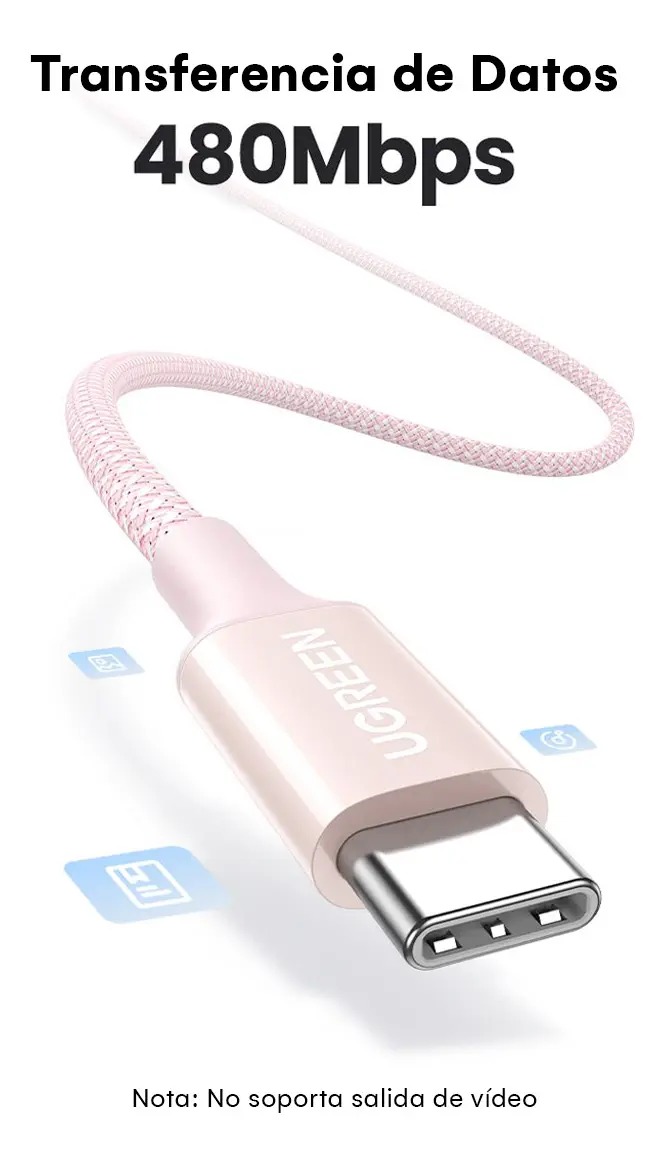 UGREEN CABLE CARGA RÁPIDA 2M USB C A USB C 100W L502 65252 ROSADO - 6