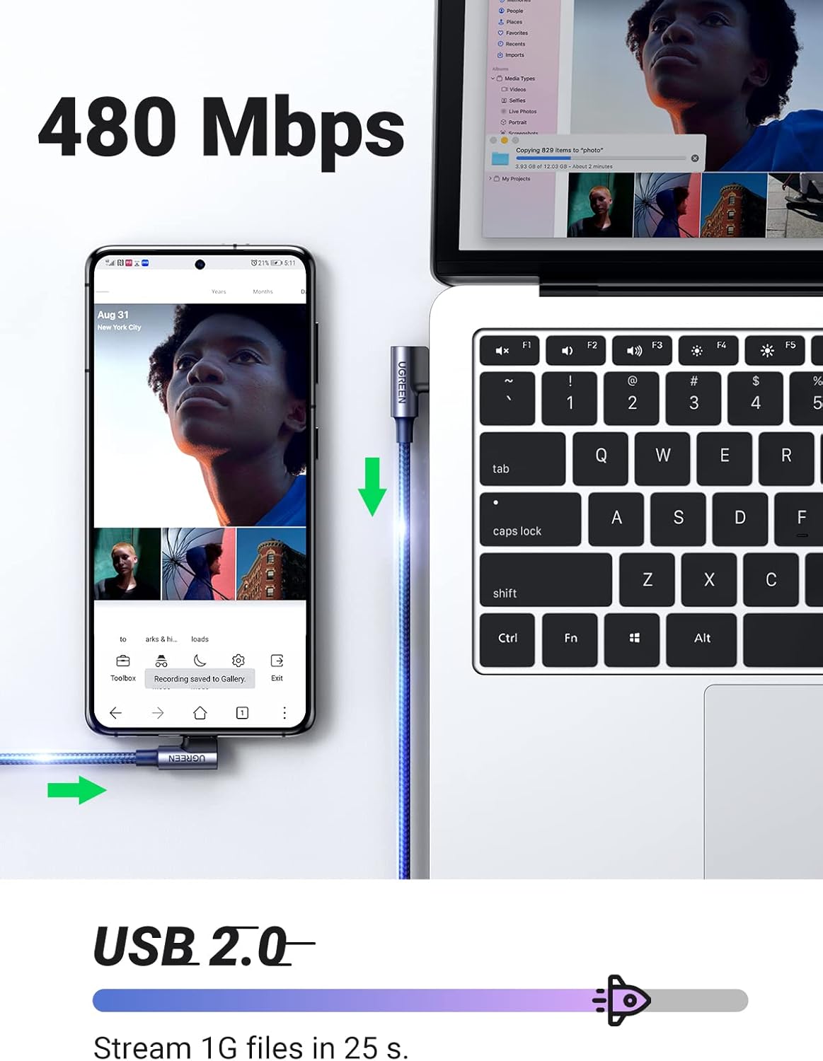 UGREEN CABLE CARGA RÁPIDA 1M USB A A USB C 90 GRADOS US176 20856 - 3