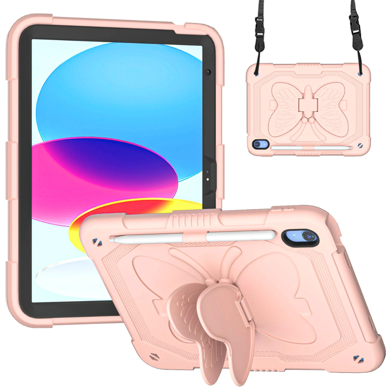 FUNDA ANTIGOLPE ARMOR MARIPOSA CORREA PARA IPAD A16 11TH / IPAD 10TH - ROSADO - 2