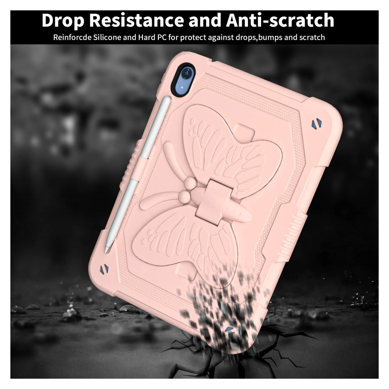 FUNDA ANTIGOLPE ARMOR MARIPOSA CORREA PARA IPAD A16 11TH / IPAD 10TH - ROSADO - 3