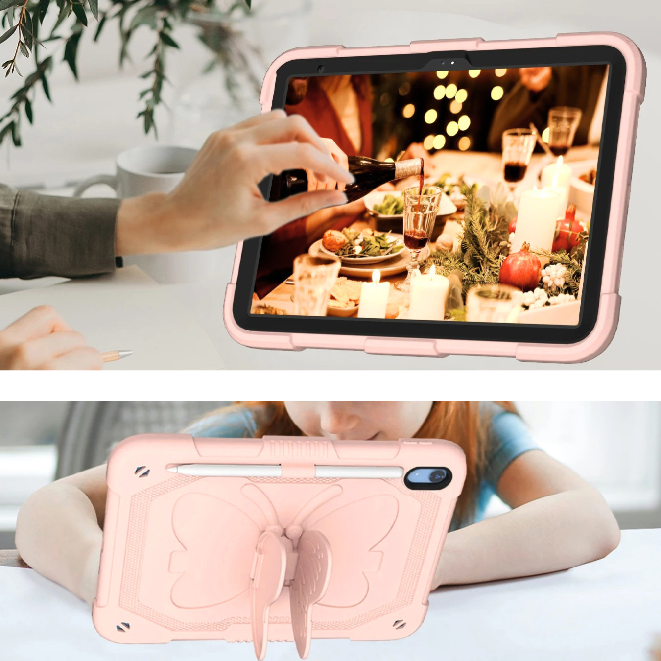 FUNDA ANTIGOLPE ARMOR MARIPOSA CORREA PARA IPAD A16 11TH / IPAD 10TH - ROSADO - 4