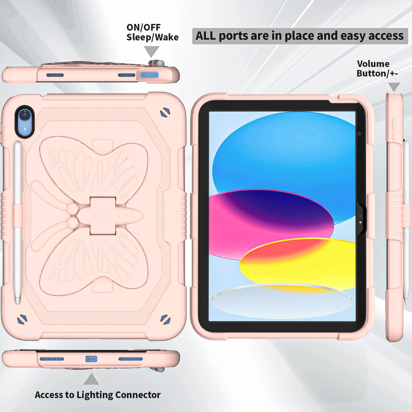 FUNDA ANTIGOLPE ARMOR MARIPOSA CORREA PARA IPAD A16 11TH / IPAD 10TH - ROSADO - 5