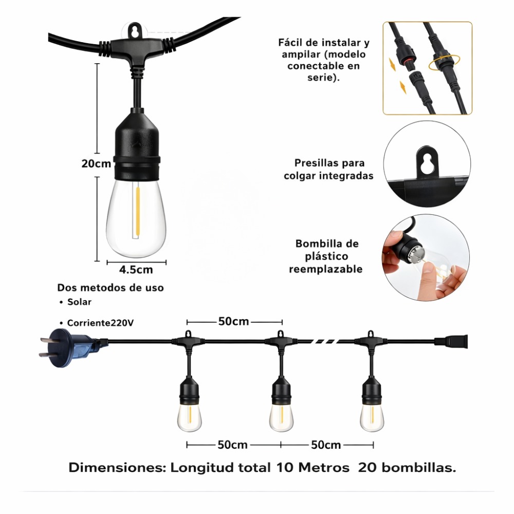 GUIRNALDA LED 20 FOCOS 10 METROS EXTERIOR IMPERMEABLE AMARILLO - 2