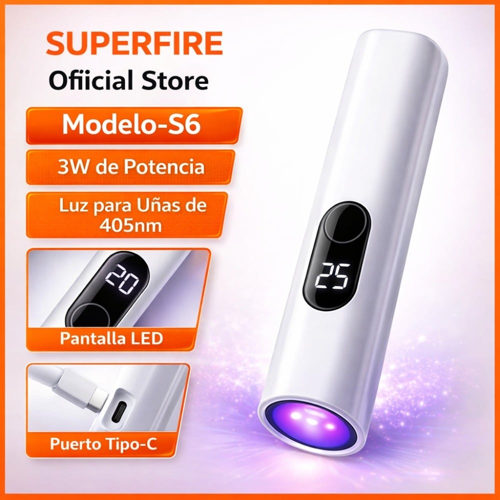 MINI LINTERNAUV PARA UÑAS GEL SUPERFIRE S6 3W RECARGABLE USB BLANCO USB - 5