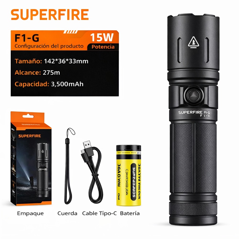 MINI LINTERNA LED RECARGABLE SUPERFIRE F1-G USB-C BLANCO NEGRO - 1