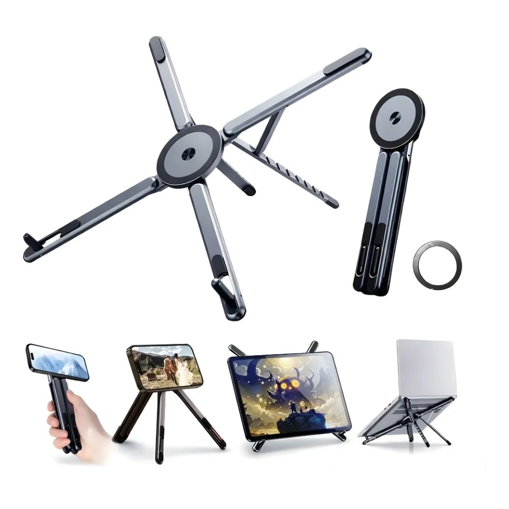 SOPORTE PLEGABLE 3 EN 1 PARA CELULAR TABLET LAPTOP ALUMINIO - 1