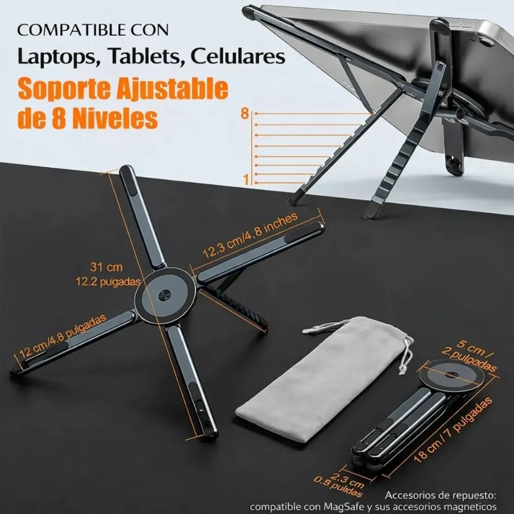 SOPORTE PLEGABLE 3 EN 1 PARA CELULAR TABLET LAPTOP ALUMINIO - 4