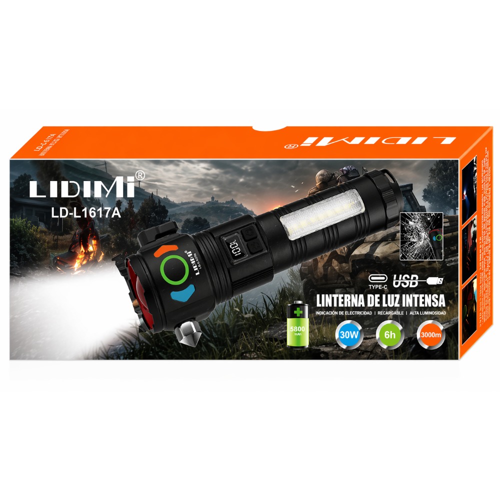 LINTERNA LED POTENTE 30W SENDERISMO CAMPING RECARGABLE USB - 5