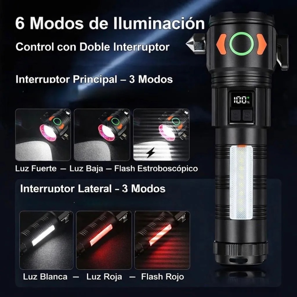 LINTERNA LED POTENTE 30W SENDERISMO CAMPING RECARGABLE USB - 6