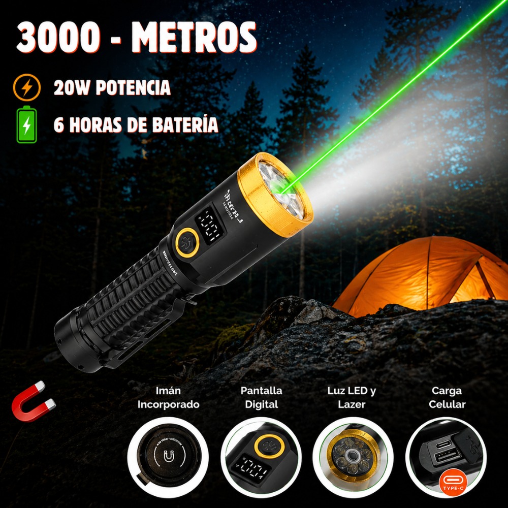 LINTERNA DE METAL LUZ BLANCA Y LAZER VERDE 3000 METROS - 5