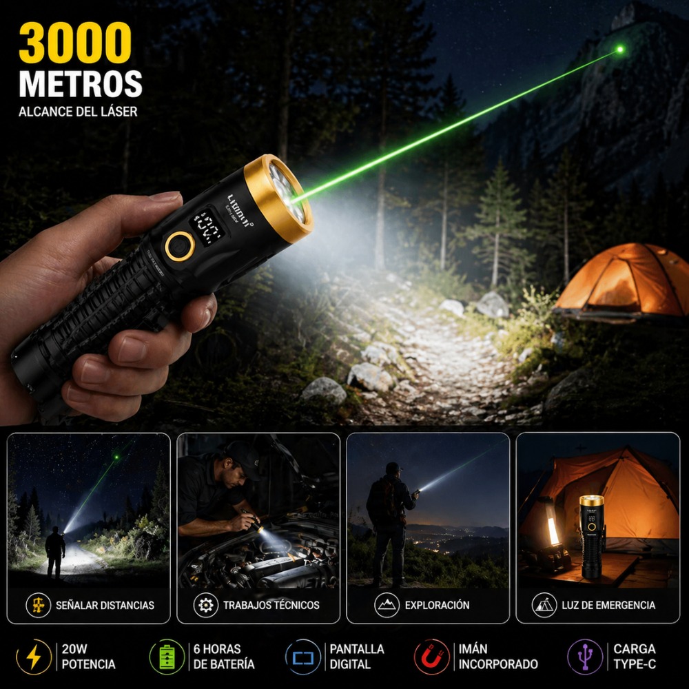 LINTERNA DE METAL LUZ BLANCA Y LAZER VERDE 3000 METROS - 6