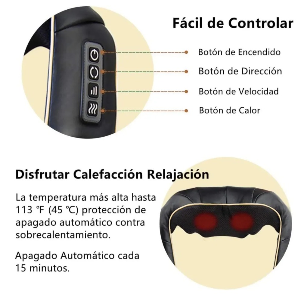 MASAJEADOR SHIATSU CUELLO ESPALDA CON CALOR RECARGABLE - 3