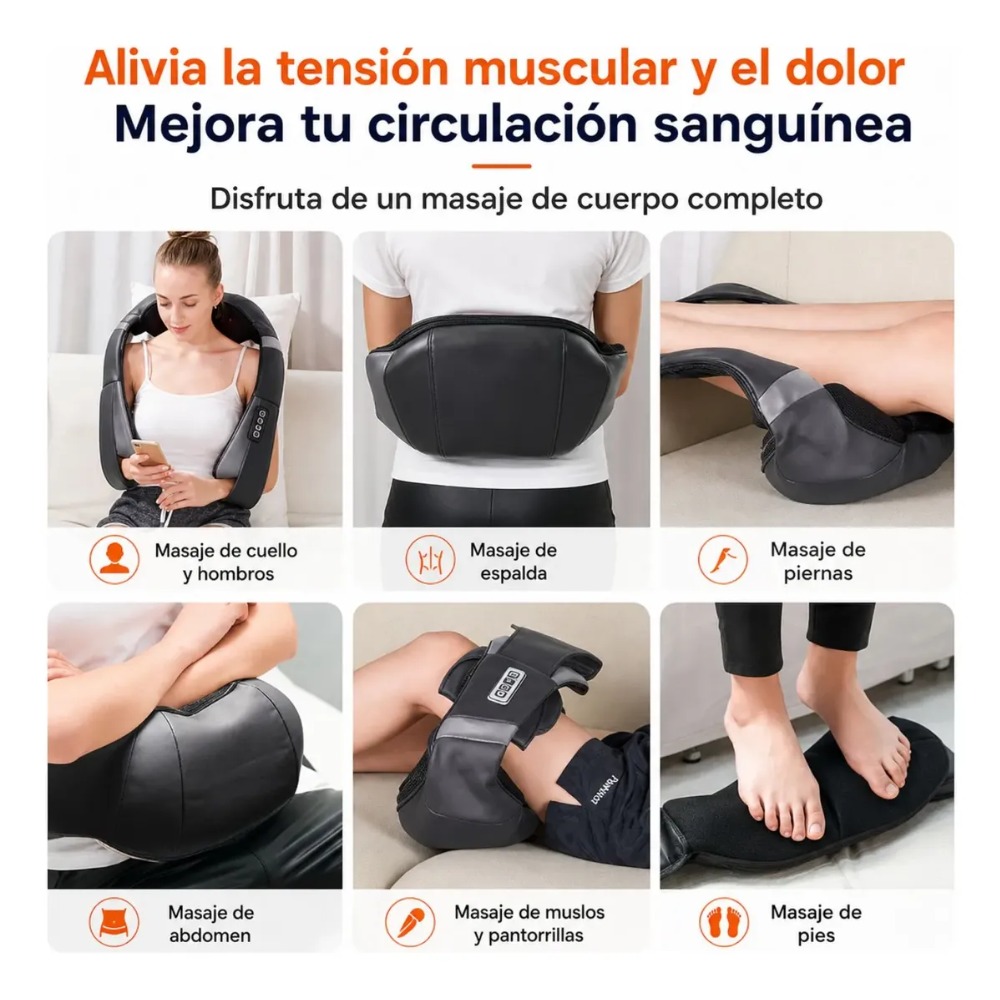 MASAJEADOR SHIATSU CUELLO ESPALDA CON CALOR RECARGABLE - 6