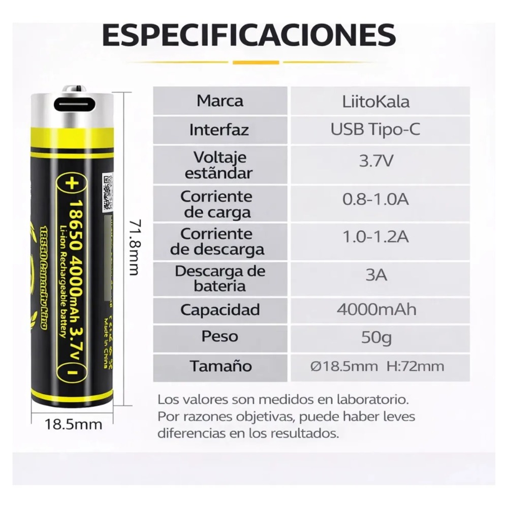 PILA 18650 RECARGABLE 4000MAH USB TIPO C LIITOKALA - 4