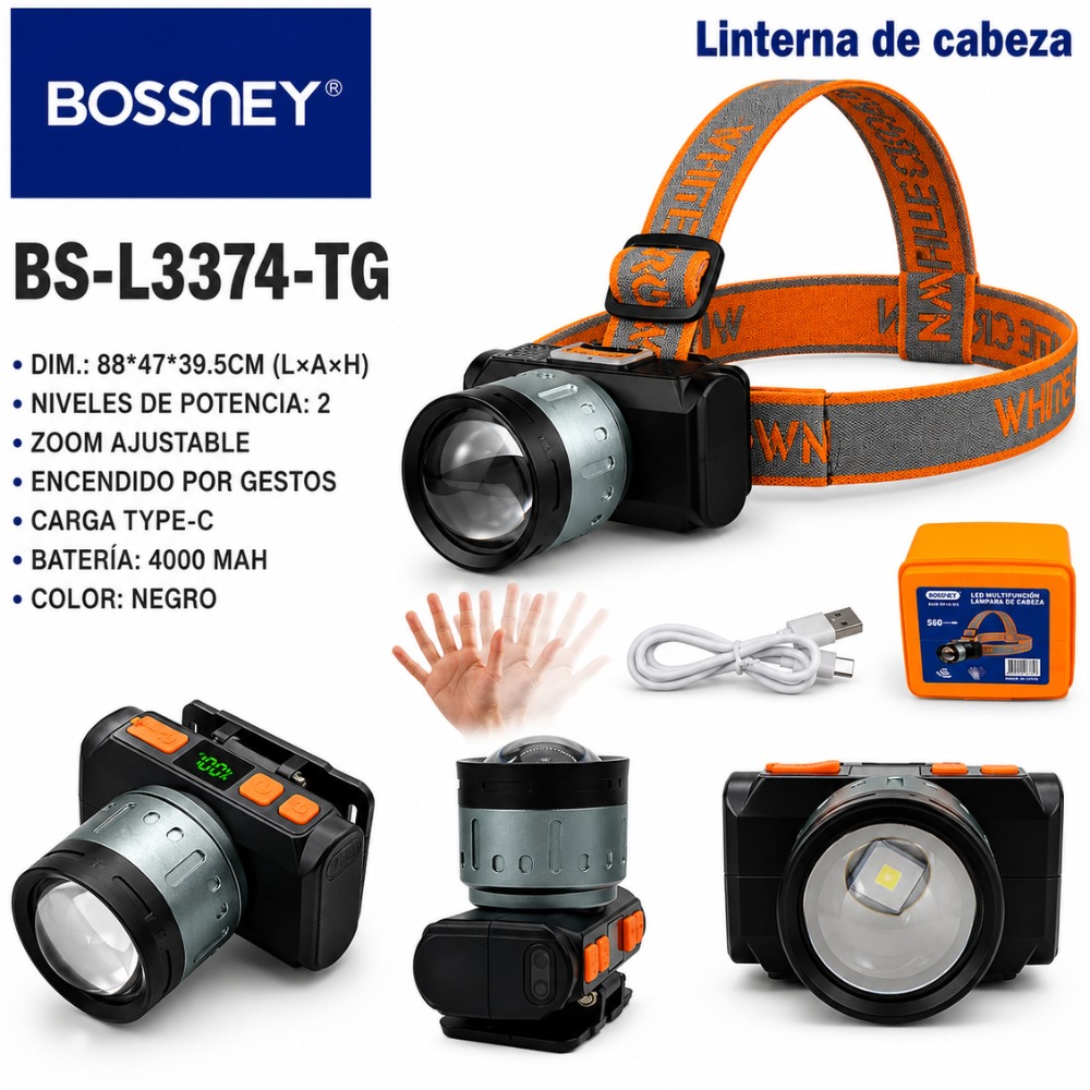 LINTERNA DE CABEZA LED BOSSNEY BS-L3374-TG RECARGABLE USB-C - 5