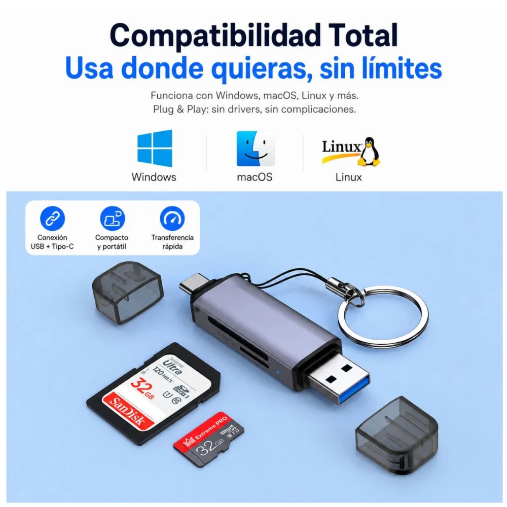 LECTOR TARJETAS SD MICROSD USB 3.0 + USB C + OTG TF ANDROID - 4